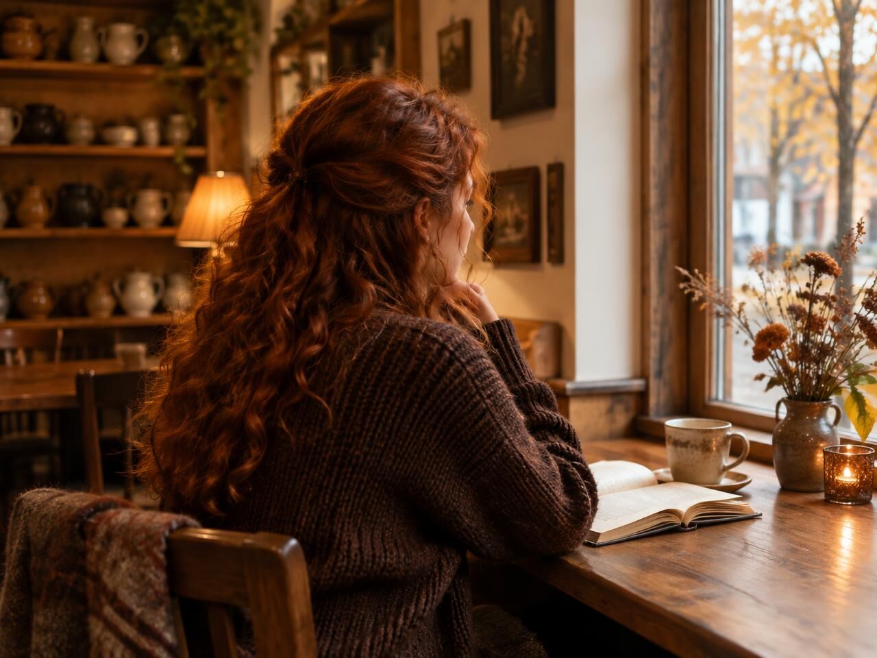 Kvinna med kopparrött lockigt hår sitter vid ett fönsterbord på ett varmt café med en bok och en kopp