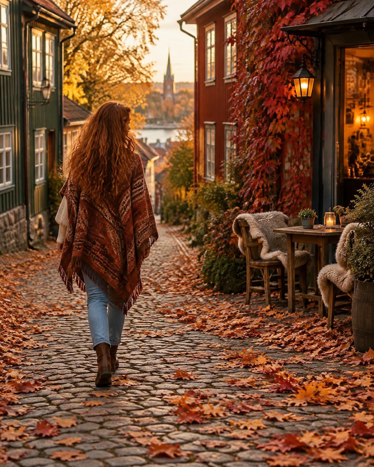 Kvinna med långt kopparrött lockigt hår promenerar bakifrån på en kullerstensgata bland trähus en gyllene höstkväll