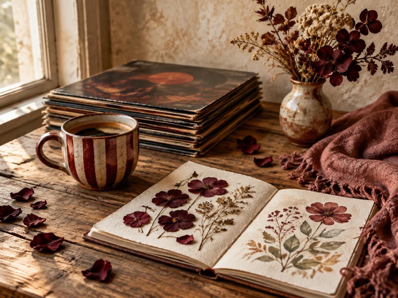 Stilleben med randig keramikkopp, pressade blommor i en skissbok, vinylskivor och en mjuk filt